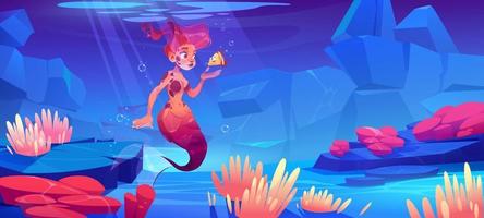 Girl mermaid with little fish underwater in sea vector