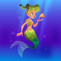 Girl mermaid with little fish in sea vector