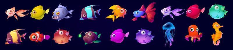 Cute sea animals, fish, jellyfish, octopus vector