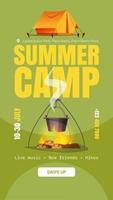 Summer camp banner with tent, bonfire and bowler vector