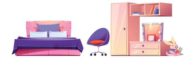 Girl bedroom furniture, bed, cupboard, bookshelf vector