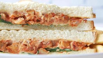 vicino su di pulcini Sandwich con patatine fritte video