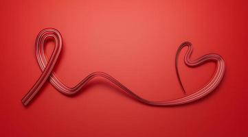 cinta roja sobre un fondo rojo cinta roja realista, símbolo del día mundial del sida, ilustración 3d foto