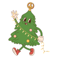 Retro Christmas tree with a garland. Hippie groovy style png