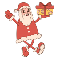 Santa Claus with gift box. Trendy hippie groovy style. Christmas illustration. png
