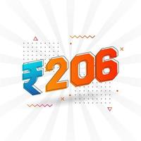 Imagen de moneda vectorial de 206 rupias indias. Ilustración de vector de texto en negrita de símbolo de 206 rupias