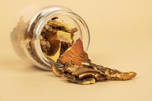 red dried fly agaric in a jar for shamanic rituals and deep trips, natural muscarine mushrooms for microdosing photo