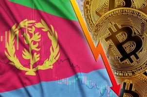 Eritrea flag and cryptocurrency falling trend with many golden bitcoins photo