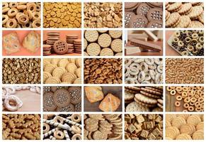 A collage of many pictures with various sweets close-up. A set of images with varieties of biscuits, bagels and candies photo