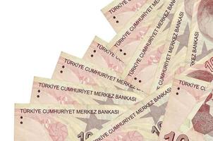 10 Turkish liras bills lies in different order isolated on white. Local banking or money making concept photo
