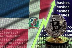 Dominican Republic flag and rising green arrow on bitcoin mining screen and two physical golden bitcoins photo
