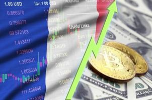 bandera de francia y tendencia creciente de criptomonedas con dos bitcoins en billetes de dólar foto