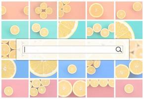 Visualization of the search bar on the background of a collage of many pictures with juicy oranges. Set of images with fruits on backgrounds of different colors photo