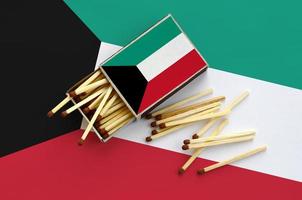 Kuwait flag is shown on an open matchbox, from which several matches fall and lies on a large flag photo