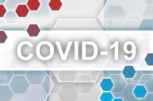Guatemala flag and futuristic digital abstract composition with Covid-19 inscription. Coronavirus outbreak concept photo