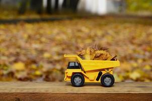The concept of seasonal harvesting of autumn fallen leaves is depicted in the form of a toy yellow truck loaded with leaves against the background of the autumn park photo
