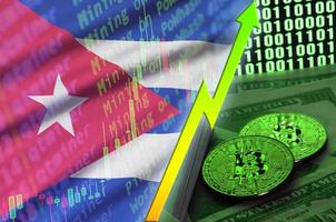 Cuba flag and cryptocurrency growing trend with two bitcoins on dollar bills and binary code display photo