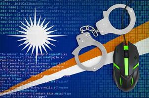 Marshall Islands flag and handcuffed computer mouse. Combating computer crime, hackers and piracy photo