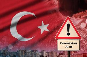 Turkey flag and Coronavirus 2019-nCoV alert sign. Concept of high probability of novel coronavirus outbreak through traveling tourists photo