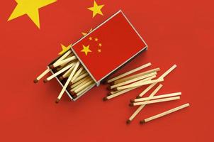 China flag is shown on an open matchbox, from which several matches fall and lies on a large flag photo