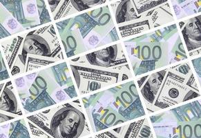 A collage of many images of euro banknotes in denominations of 100 and 500 euros lying in the heap photo