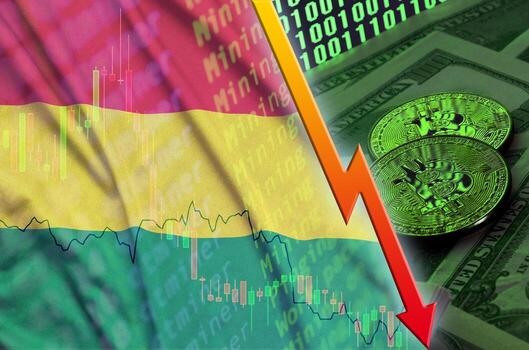 bandera de bolivia y tendencia de caída de criptomonedas con dos bitcoins en billetes de dólar y visualización de código binario foto