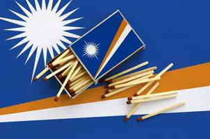 Marshall Islands flag is shown on an open matchbox, from which several matches fall and lies on a large flag photo