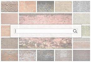 Visualization of the search bar on the background of a collage of many pictures with fragments of brick walls of different colors close-up. Set of images with varieties of brickwork photo