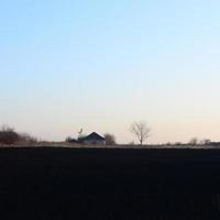 Dawn in the village. A minimalistic photo with a horizon line on which there is an apartment house and a tree