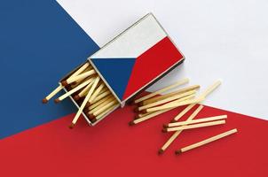Czech flag is shown on an open matchbox, from which several matches fall and lies on a large flag photo