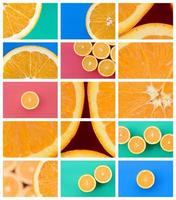 A collage of many pictures with juicy oranges. Set of images with fruits and different colors photo