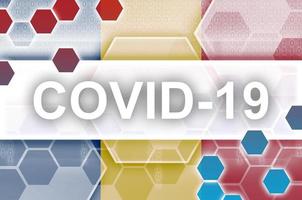 Romania flag and futuristic digital abstract composition with Covid-19 inscription. Coronavirus outbreak concept photo