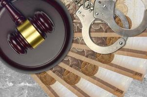 2000 Hungarian forint bills and judge hammer with police handcuffs on court desk. Concept of judicial trial or bribery. Tax avoidance photo