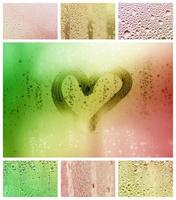 A collage of many different fragments of glass, decorated with rain drops from the condensate and painted heart in center photo