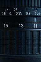 Fragment of a wide angle zoom lens for a modern SLR camera. The set of distance values is indicated by white numbers on the black body photo