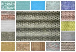 A collage of many pictures with fragments of brick walls of different colors close-up. Set of images with varieties of brickwork photo