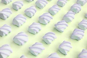 Colorful marshmallow laid out on lime paper background. pastel creative textured pattern photo