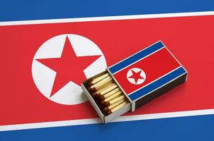 North Korea flag is shown in an open matchbox, which is filled with matches and lies on a large flag photo