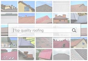 Visualization of the search bar on the background of a collage of many pictures with fragments of various types of roofing. Top quality roofing photo