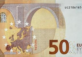 Fragment part of 50 euro banknote close-up with small brown details photo