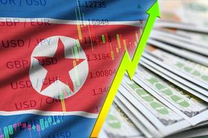 North Korea flag and chart growing US dollar position with a fan of dollar bills photo