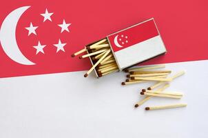 Singapore flag is shown on an open matchbox, from which several matches fall and lies on a large flag photo