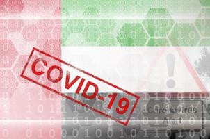 United Arab Emirates flag and futuristic digital abstract composition with Covid-19 stamp. Coronavirus outbreak concept photo