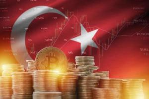 Turkey flag and big amount of golden bitcoin coins and trading platform chart. Crypto currency photo