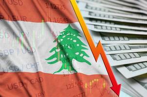 bandera de líbano y gráfico que cae la posición del dólar estadounidense con un abanico de billetes de dólar foto