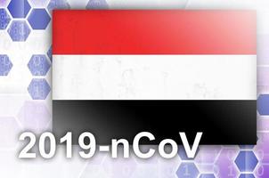 bandera de yemen y composición abstracta digital futurista con inscripción 2019-ncov. concepto de brote de covid-19 foto