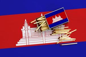 la bandera de camboya se muestra en una caja de cerillas abierta, de la que caen varias cerillas y se encuentra en una bandera grande foto
