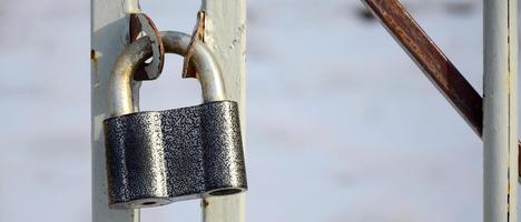 A large gray padlock hangs on a metal gate photo