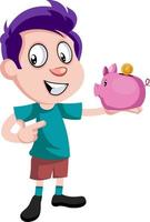 Boy with piggy bank, illustration, vector on white background.