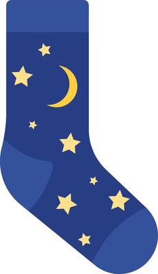 Dark blue sock with stars and moon, illustration, vector on a white background.